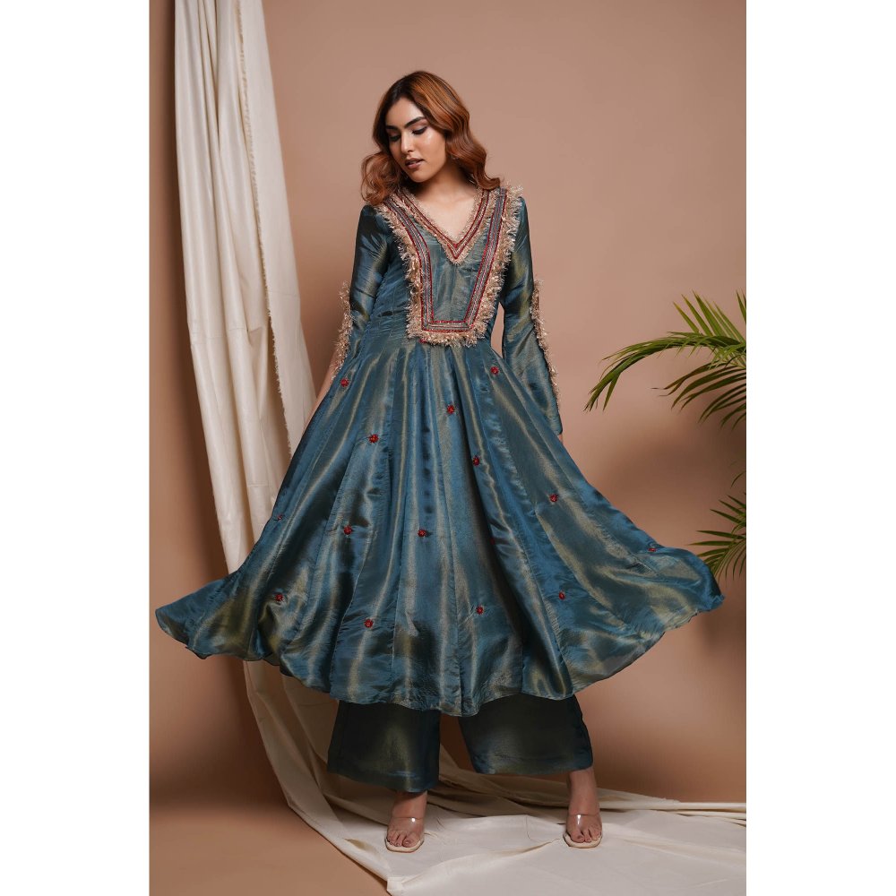 AHI Clothing Blue Red Tissue Silk Anarkali Kurta with Palazzo and Dupatta (Set of 3)