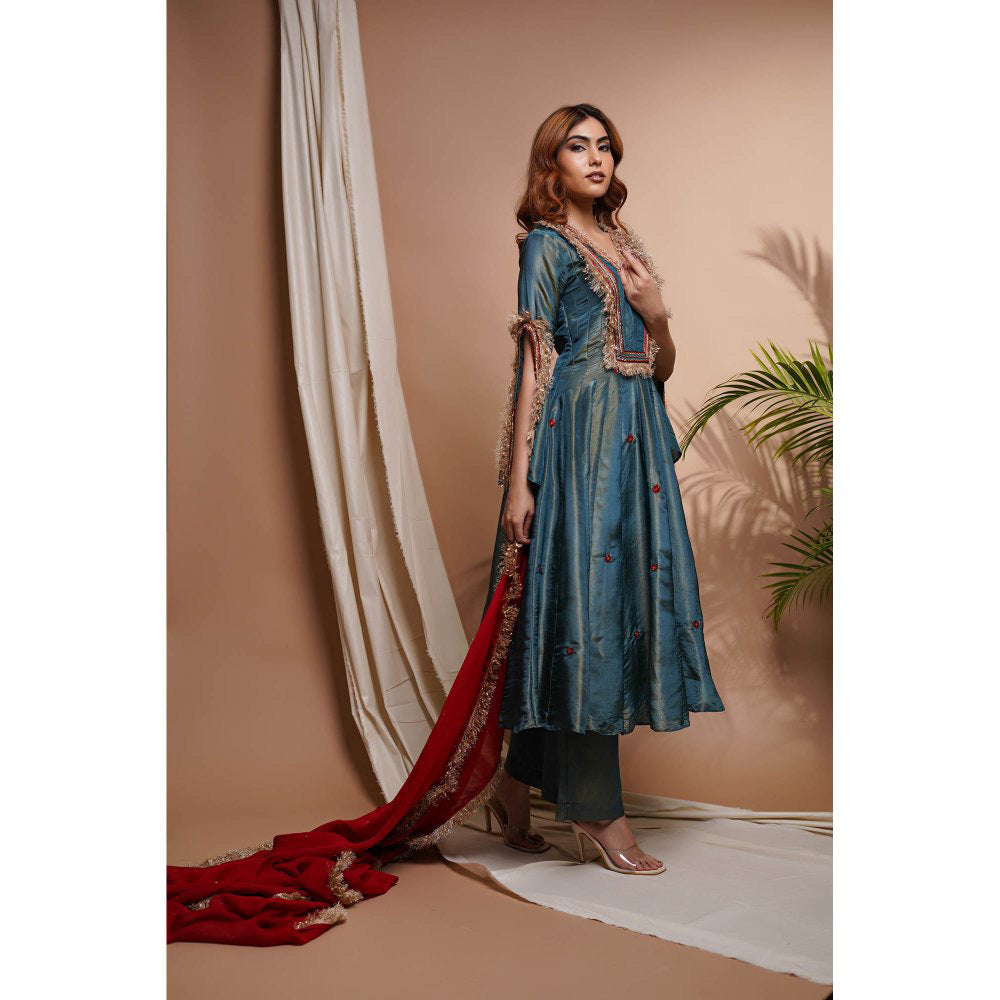 AHI Clothing Blue Red Tissue Silk Anarkali Kurta with Palazzo and Dupatta (Set of 3)