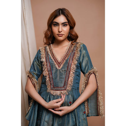 AHI Clothing Blue Red Tissue Silk Anarkali Kurta with Palazzo and Dupatta (Set of 3)