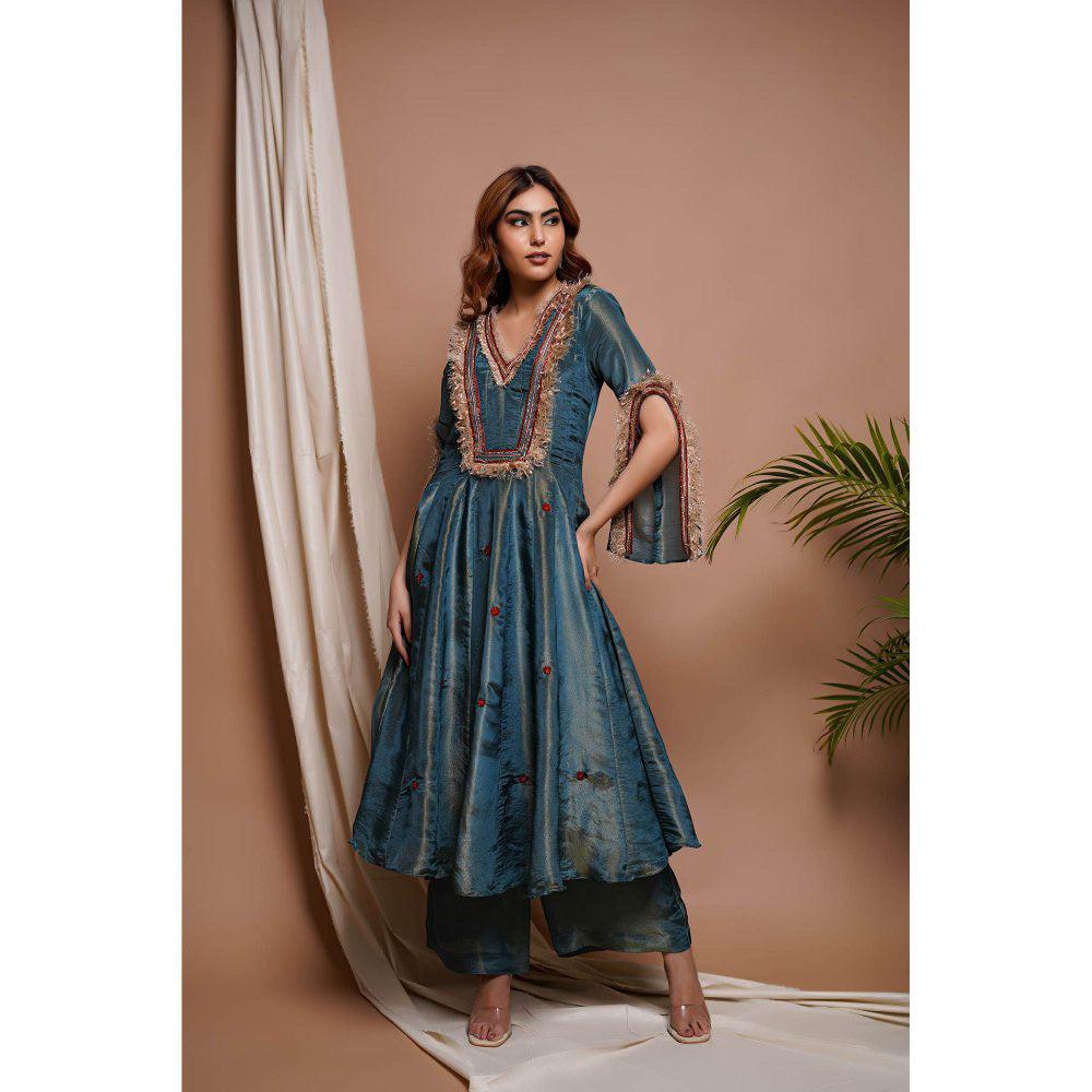 AHI Clothing Blue Red Tissue Silk Anarkali Kurta with Palazzo and Dupatta (Set of 3)