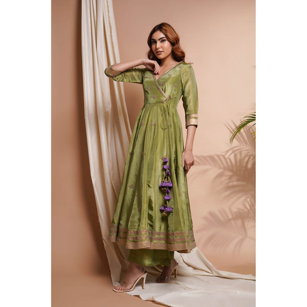 AHI Clothing Green Purple Tissue Silk Angarkha Kurta with Palazzo and Dupatta (Set of 3)