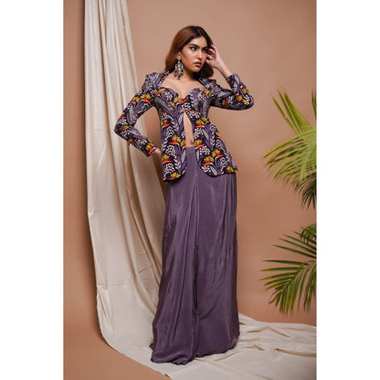 AHI Clothing Purple Digital Printed Coat Style Top and Drape Skirt Set (Set of 2)