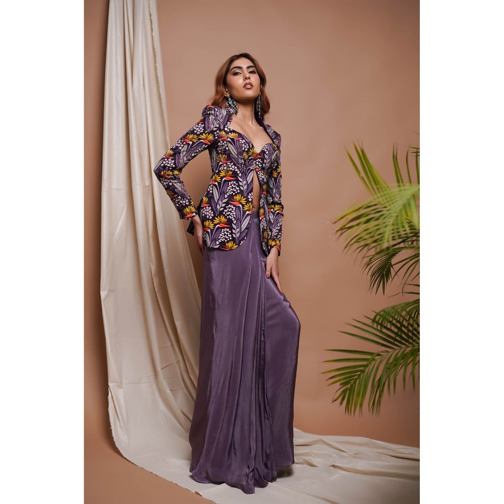 AHI Clothing Purple Digital Printed Coat Style Top and Drape Skirt Set (Set of 2)