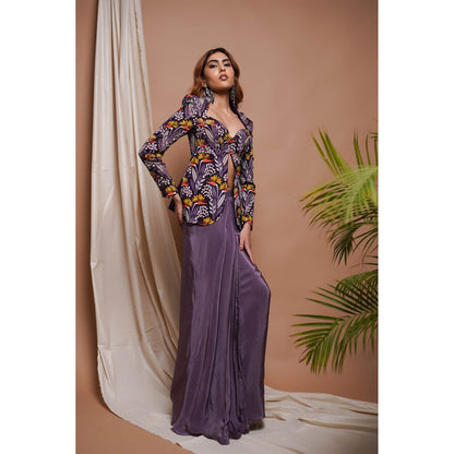 AHI Clothing Purple Digital Printed Coat Style Top and Drape Skirt Set (Set of 2)