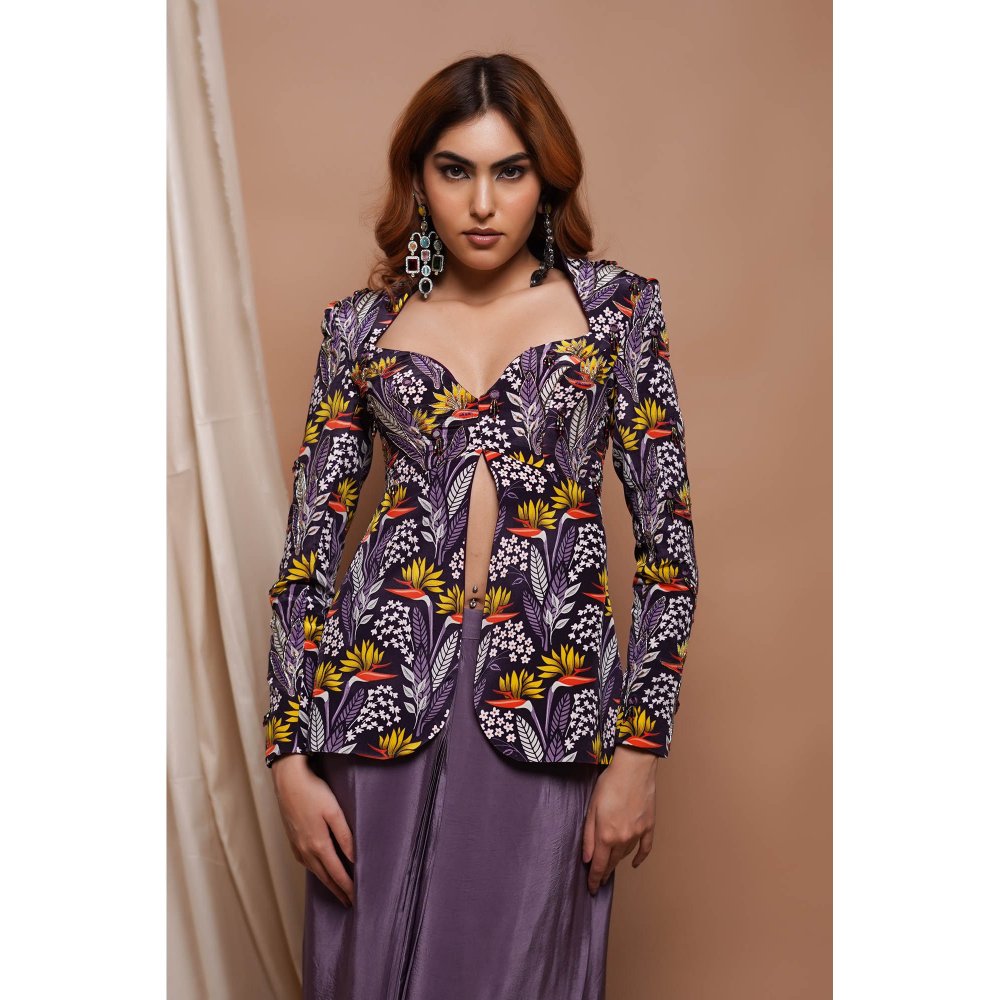 AHI Clothing Purple Digital Printed Coat Style Top and Drape Skirt Set (Set of 2)