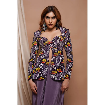 AHI Clothing Purple Digital Printed Coat Style Top and Drape Skirt Set (Set of 2)