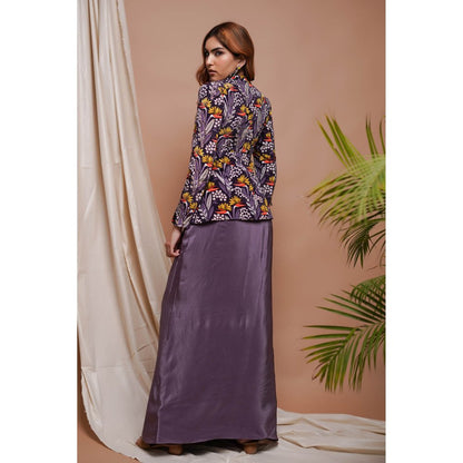 AHI Clothing Purple Digital Printed Coat Style Top and Drape Skirt Set (Set of 2)