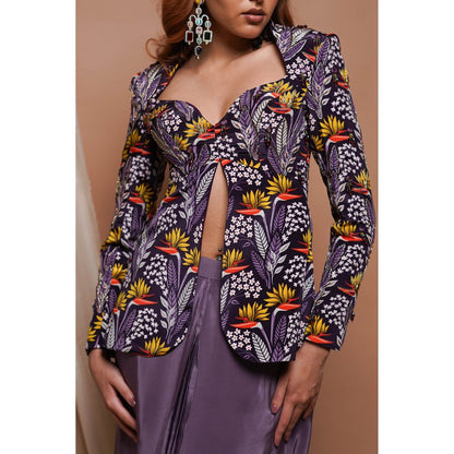 AHI Clothing Purple Digital Printed Coat Style Top and Drape Skirt Set (Set of 2)