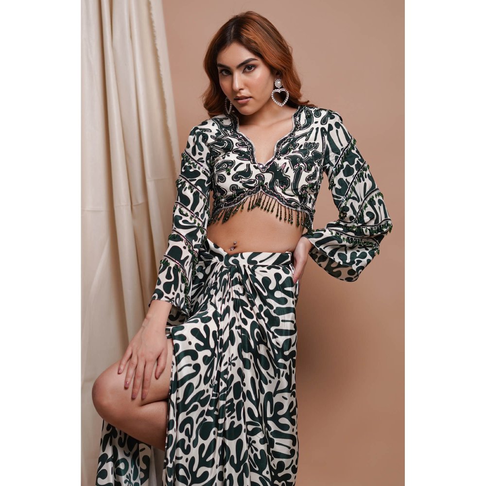 AHI Clothing White-Green Digital Printed Drape Skirt with Blouse (Set of 2)
