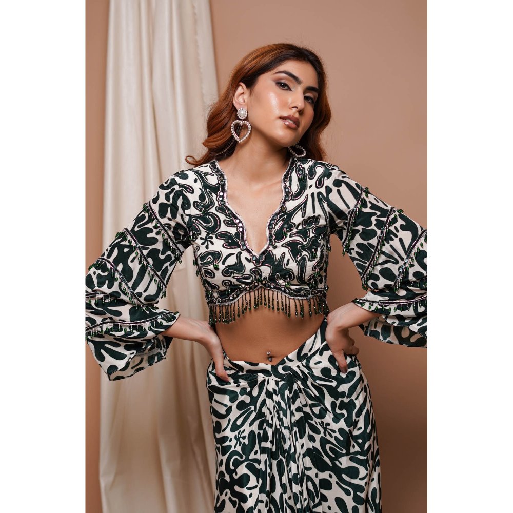 AHI Clothing White-Green Digital Printed Drape Skirt with Blouse (Set of 2)