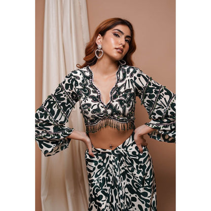 AHI Clothing White-Green Digital Printed Drape Skirt with Blouse (Set of 2)