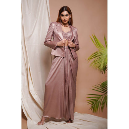 AHI Clothing Pink Shimmer Drape Skirt and Coat with Bustier (Set of 3)