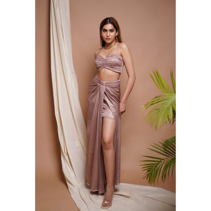 AHI Clothing Pink Shimmer Drape Skirt and Coat with Bustier (Set of 3)