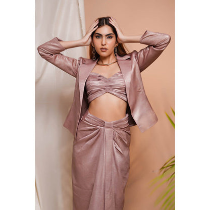 AHI Clothing Pink Shimmer Drape Skirt and Coat with Bustier (Set of 3)