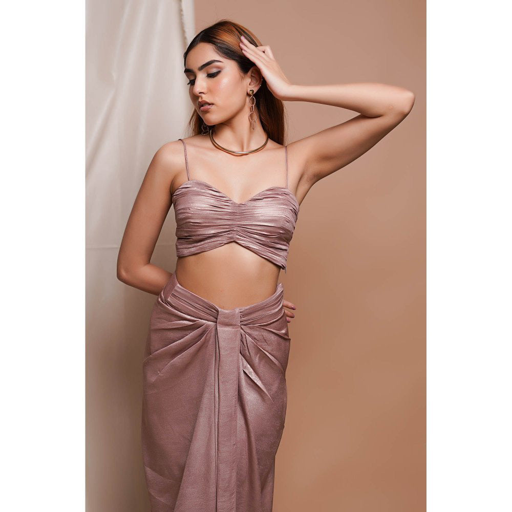 AHI Clothing Pink Shimmer Drape Skirt and Coat with Bustier (Set of 3)