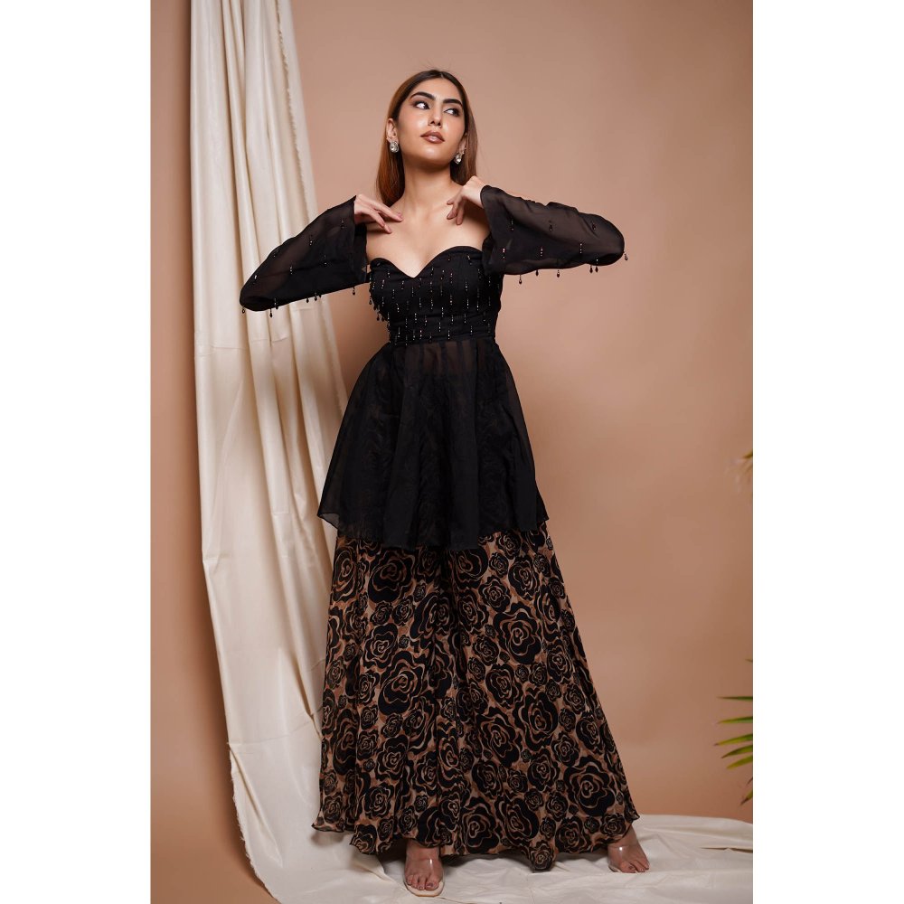 AHI Clothing Black Rose Seamless Printed Top and Palazzo (Set of 2)