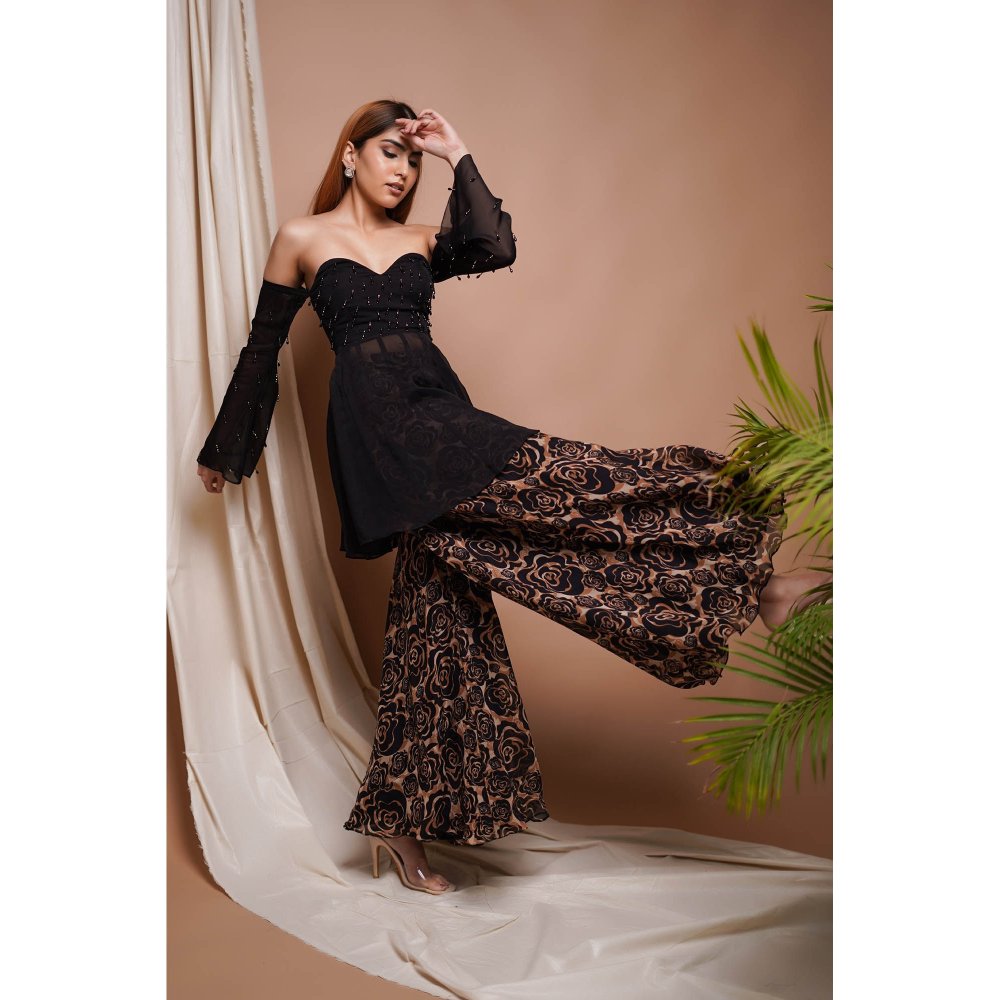AHI Clothing Black Rose Seamless Printed Top and Palazzo (Set of 2)