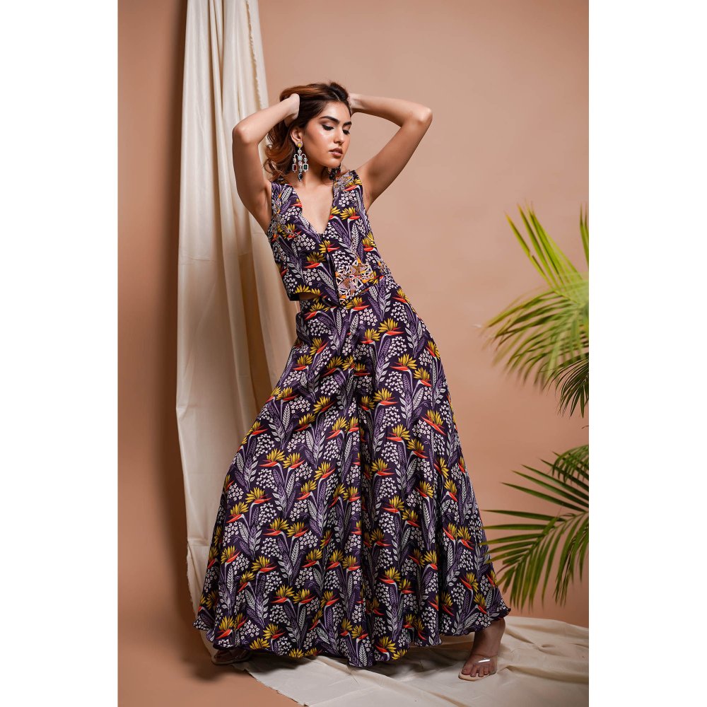 AHI Clothing Purple Printed Vest Coat and Palazzo (Set of 2)