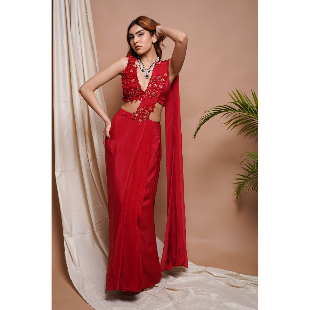 AHI Clothing Red Pre-Stitched Draped Saree with Stitched Blouse