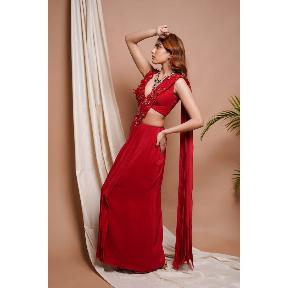 AHI Clothing Red Pre-Stitched Draped Saree with Stitched Blouse