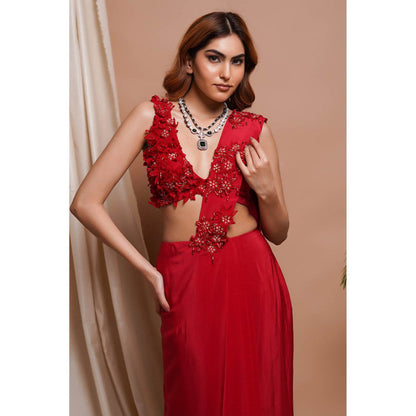 AHI Clothing Red Pre-Stitched Draped Saree with Stitched Blouse