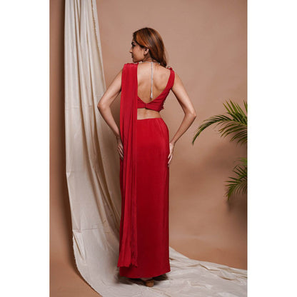 AHI Clothing Red Pre-Stitched Draped Saree with Stitched Blouse