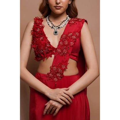 AHI Clothing Red Pre-Stitched Draped Saree with Stitched Blouse