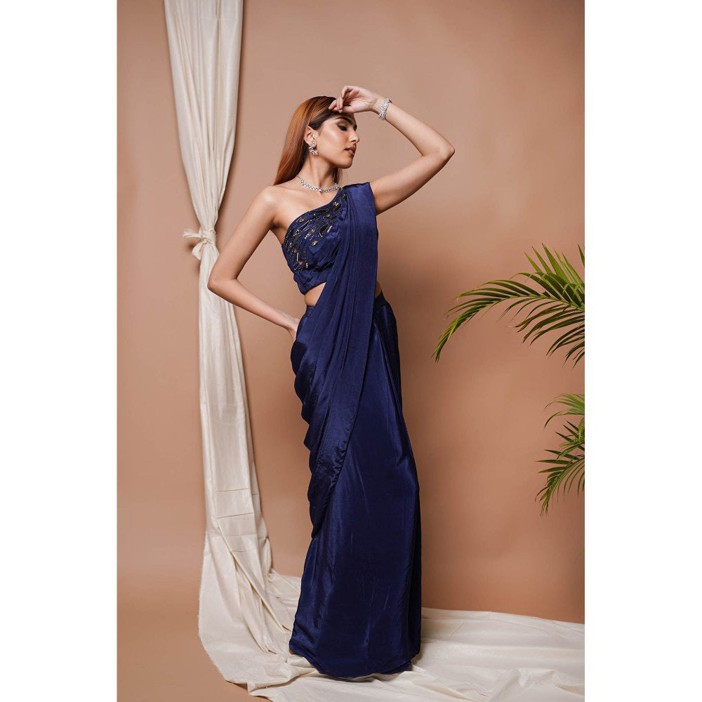 AHI Clothing Navy Pre-Stitched Draped Saree with Stitched Blouse
