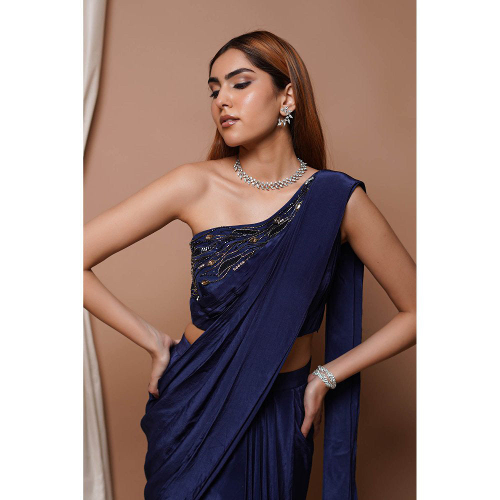 AHI Clothing Navy Pre-Stitched Draped Saree with Stitched Blouse
