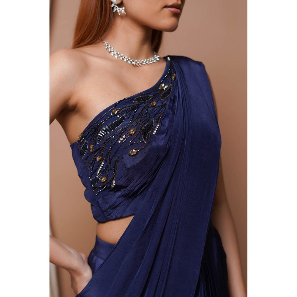 AHI Clothing Navy Pre-Stitched Draped Saree with Stitched Blouse