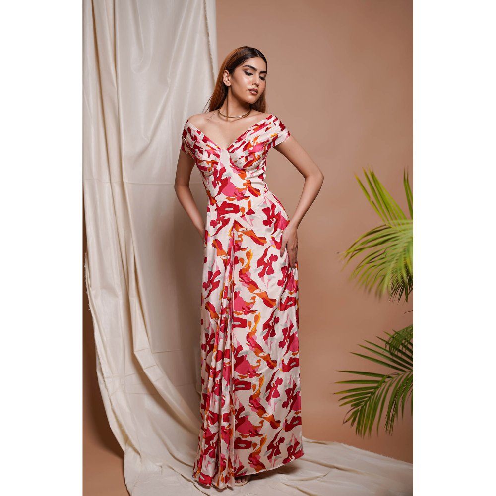 AHI Clothing Cream Abstract Off Shoulder Corset Drape Dress