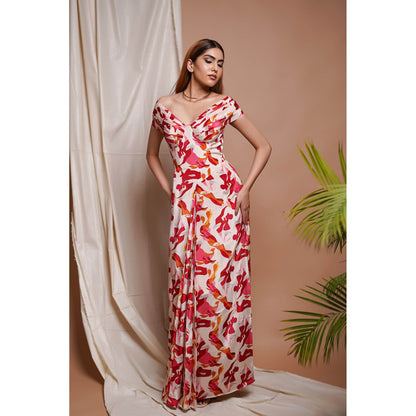 AHI Clothing Cream Abstract Off Shoulder Corset Drape Dress