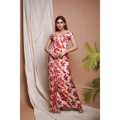 AHI Clothing Cream Abstract Off Shoulder Corset Drape Dress