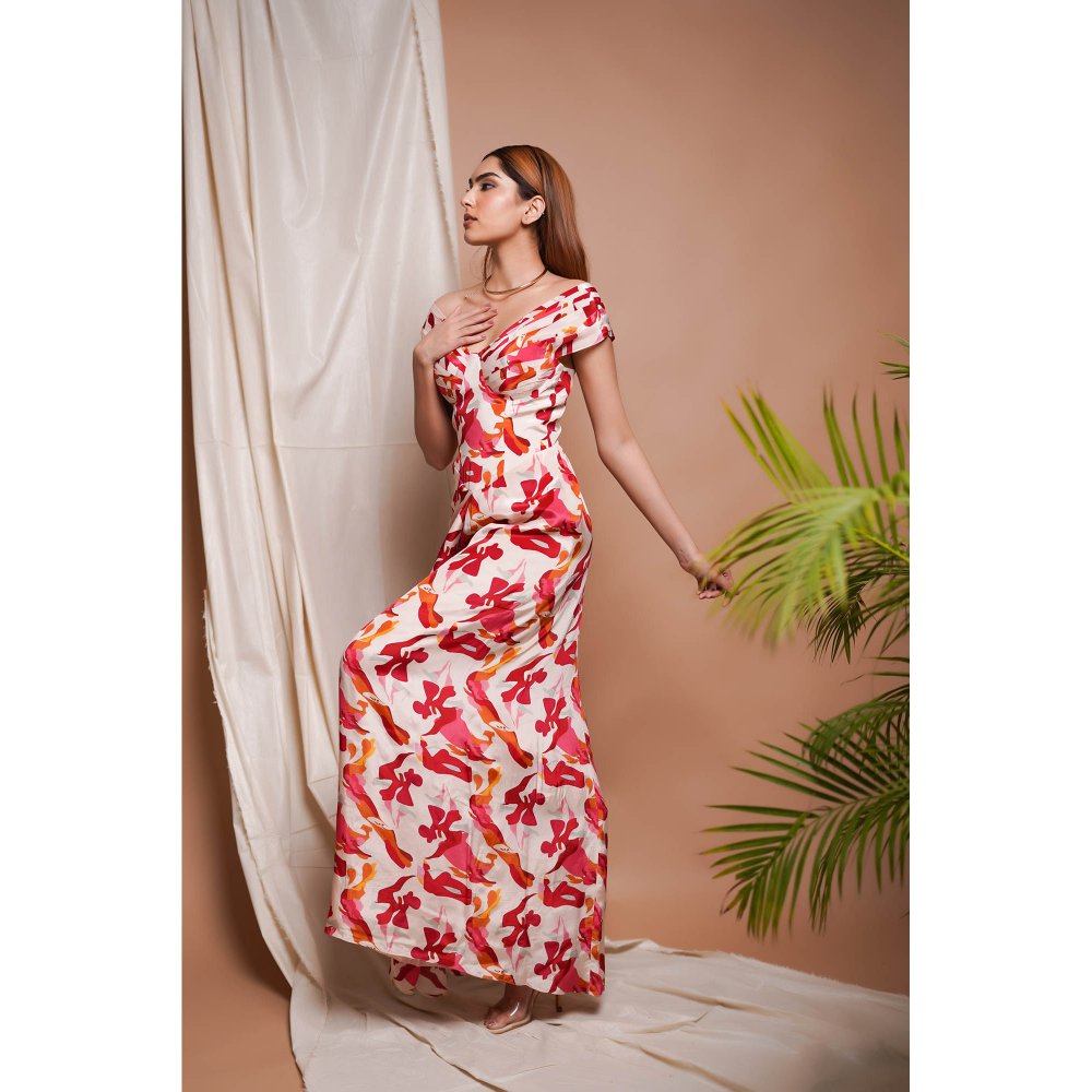 AHI Clothing Cream Abstract Off Shoulder Corset Drape Dress