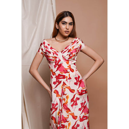 AHI Clothing Cream Abstract Off Shoulder Corset Drape Dress