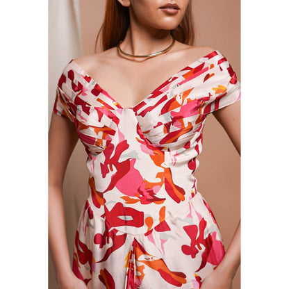 AHI Clothing Cream Abstract Off Shoulder Corset Drape Dress