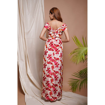 AHI Clothing Cream Abstract Off Shoulder Corset Drape Dress