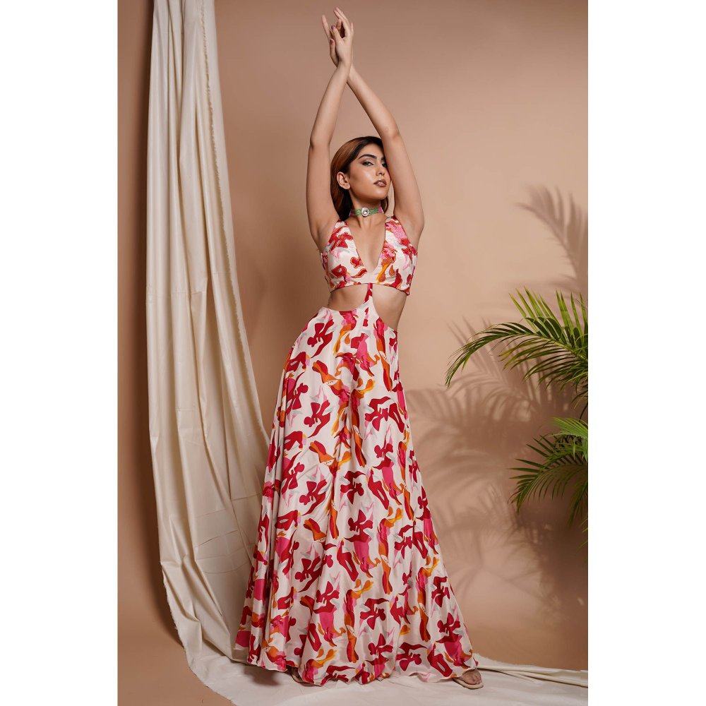 AHI Clothing Cream Abstract Printed V-Neck Jumpsuit