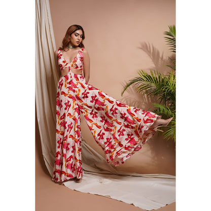 AHI Clothing Cream Abstract Printed V-Neck Jumpsuit