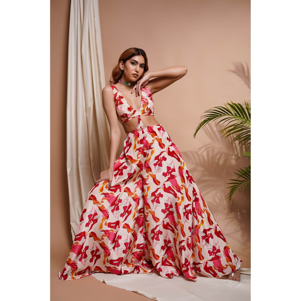 AHI Clothing Cream Abstract Printed V-Neck Jumpsuit