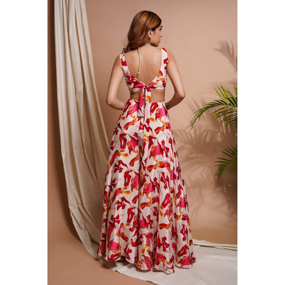 AHI Clothing Cream Abstract Printed V-Neck Jumpsuit