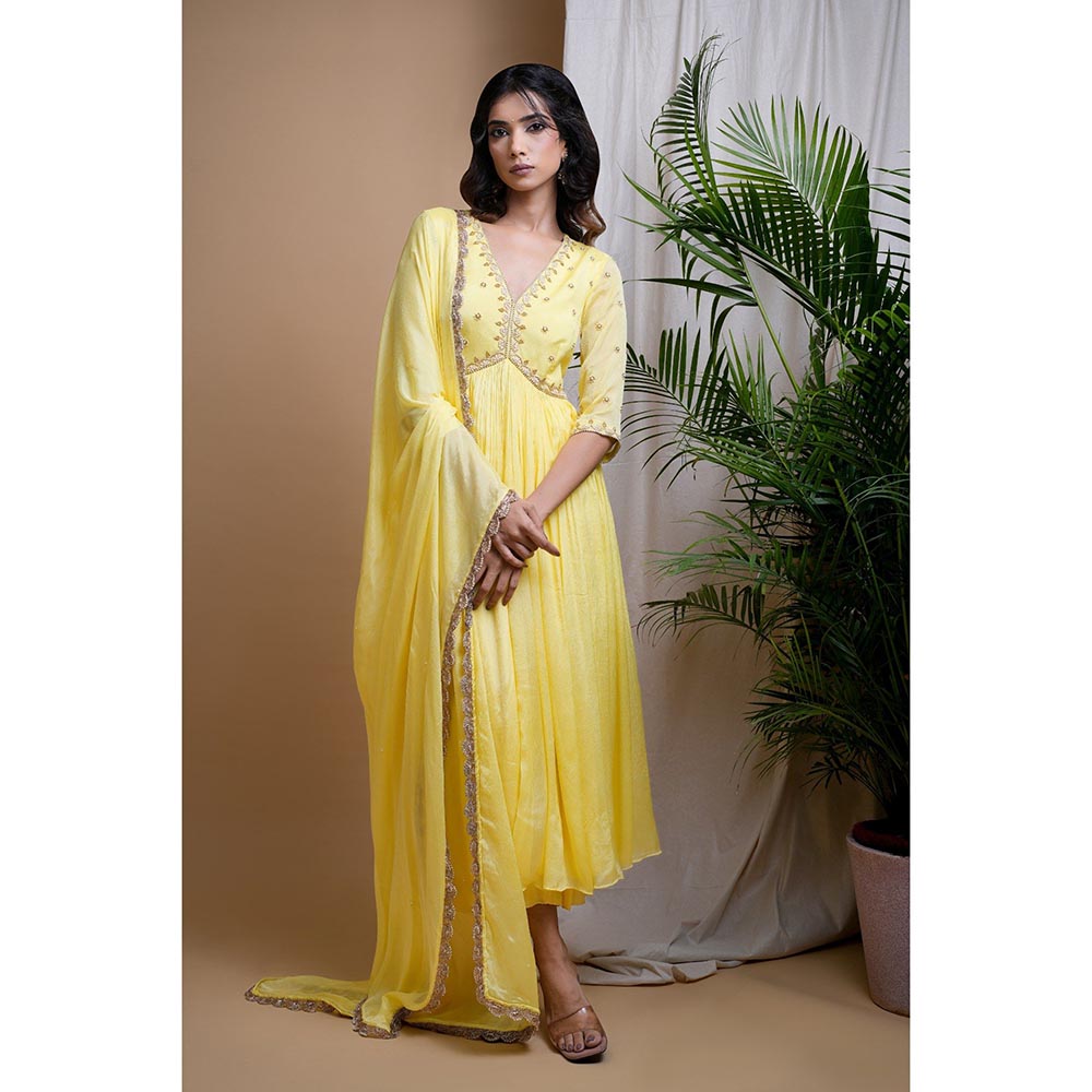 AHI Clothing Yellow Chiffon Anarkali Kurta with Palazzo and Dupatta (Set of 3)