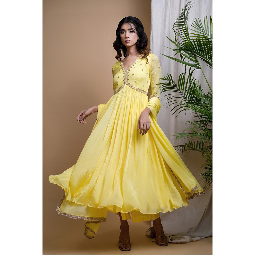 AHI Clothing Yellow Chiffon Anarkali Kurta with Palazzo and Dupatta (Set of 3)
