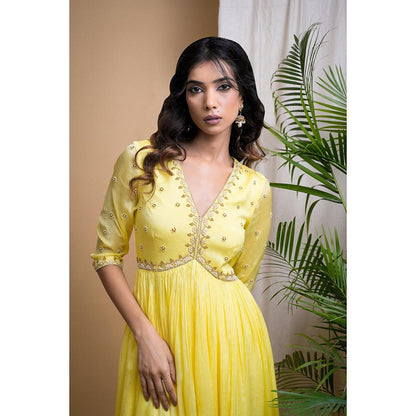AHI Clothing Yellow Chiffon Anarkali Kurta with Palazzo and Dupatta (Set of 3)