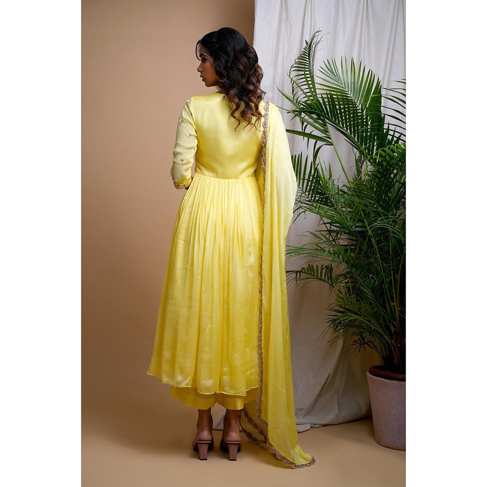 AHI Clothing Yellow Chiffon Anarkali Kurta with Palazzo and Dupatta (Set of 3)