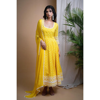 AHI Clothing Yellow Bandhani Digital Print Anarkali Kurta with Palazzo and Dupatta (Set of 3)