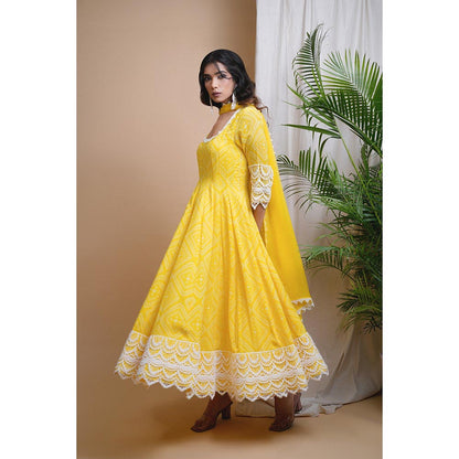 AHI Clothing Yellow Bandhani Digital Print Anarkali Kurta with Palazzo and Dupatta (Set of 3)