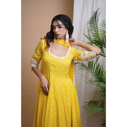 AHI Clothing Yellow Bandhani Digital Print Anarkali Kurta with Palazzo and Dupatta (Set of 3)