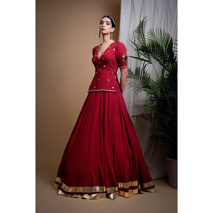 AHI Clothing Maroon Heavy Mirror Short Kurti with Lehenga and Dupatta (Set of 3)