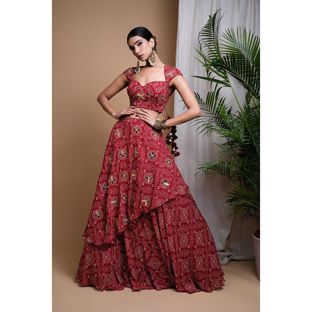 AHI Clothing Maroon Bandhani Digital Print Indo Lehenga with Blouse (Set of 2)